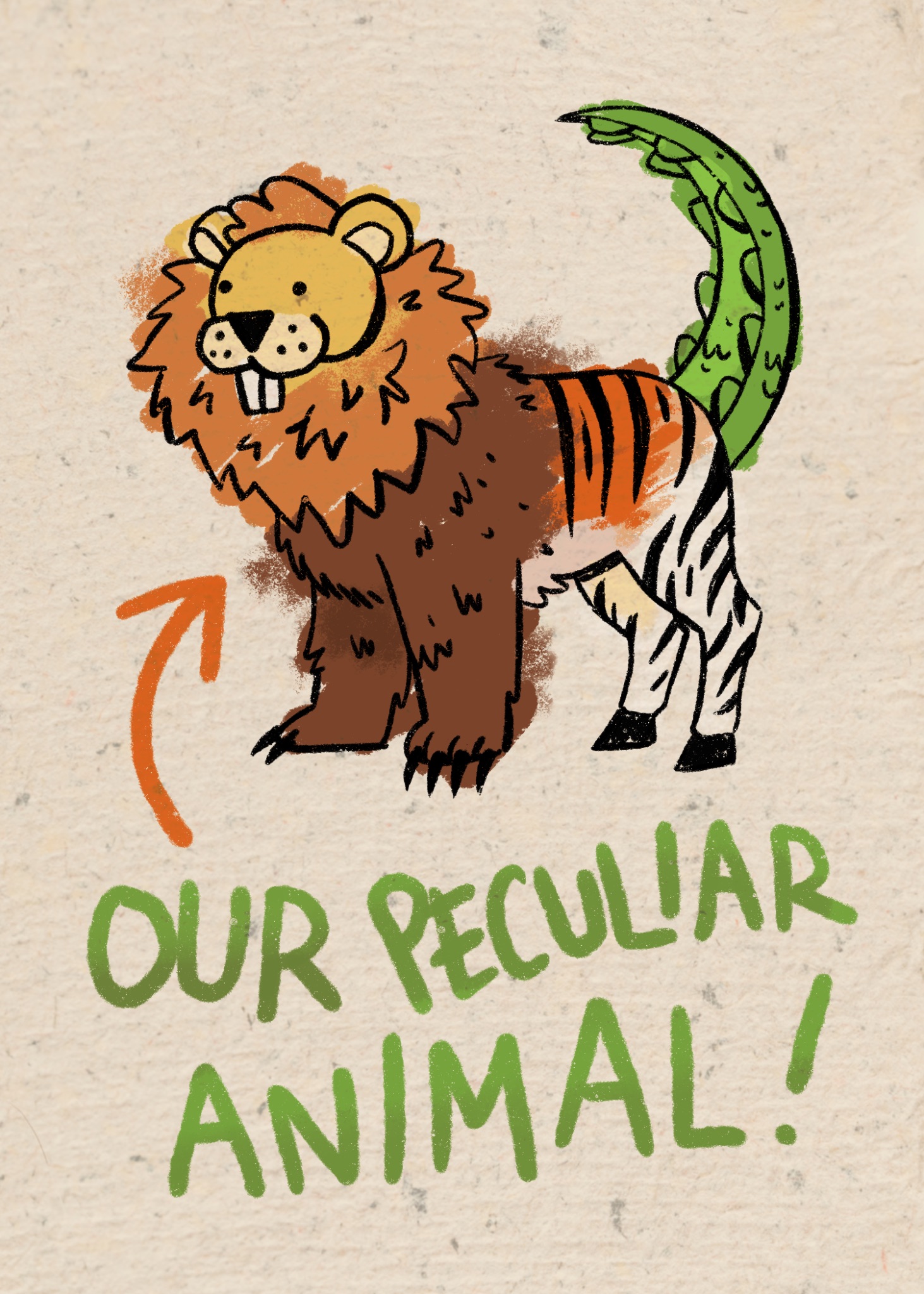 Drawing of an imaginary animal with a lion’s head, a bear’s body, tiger and zebra stripes and a leafy green tail, labelled “Our Peculiar Animal!”